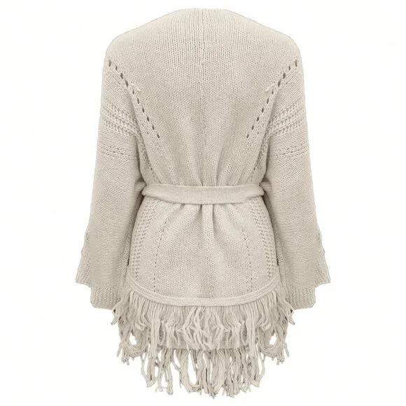 Khaki Elegant Women's Drop Shoulder Hollow Out Cardigan - Picture 8 of 11